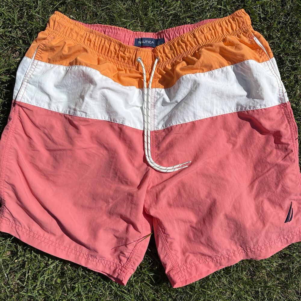 Nautica Men's Swimming Trunks Size Large Pink Orange And White